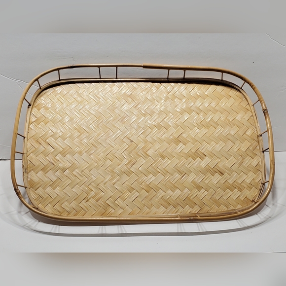 Mid Century 19” Rattan Serving Tray Vintage Barware Decor - Picture 1 of 5